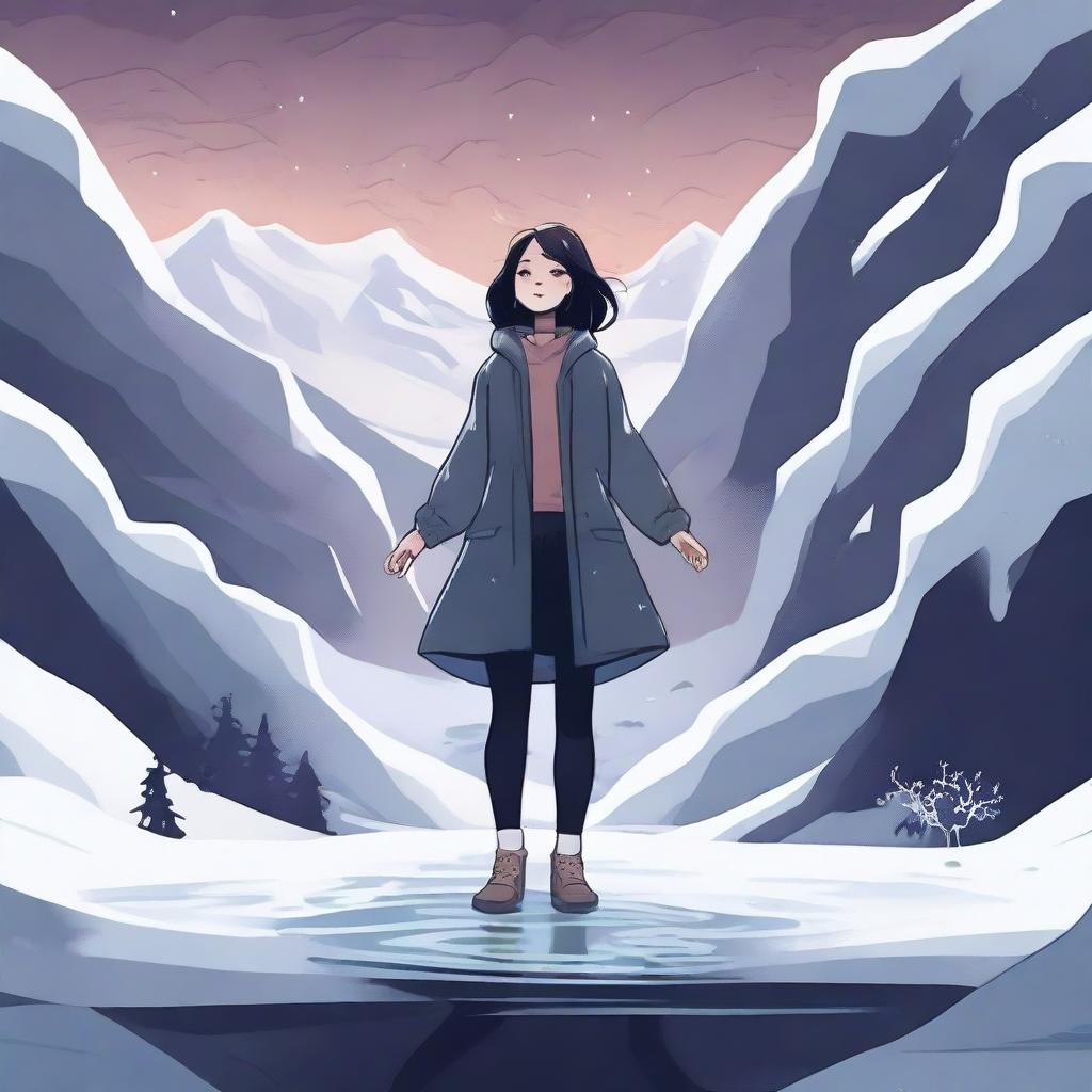 A digital illustration of a woman floating near a dark valley, with snow all around