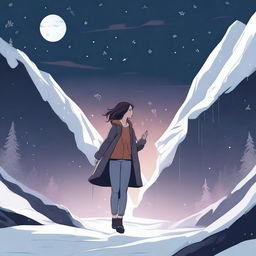 A digital illustration of a woman floating near a dark valley, with snow all around