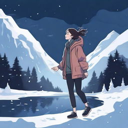 A digital illustration of a woman floating near a dark valley, with snow all around