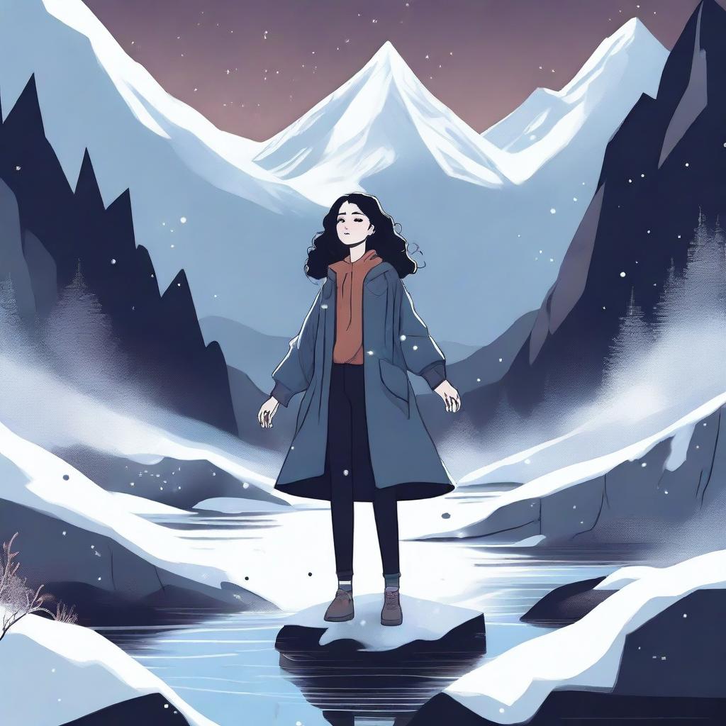 A digital illustration of a woman floating near a dark valley, with snow all around