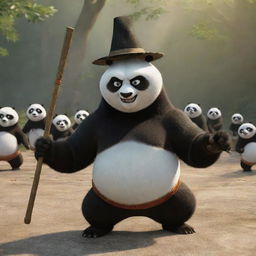 Create an image of Po from Kung Fu Panda, looking powerful, with a hat and a staff, teaching Kung Fu to a group of smaller pandas.