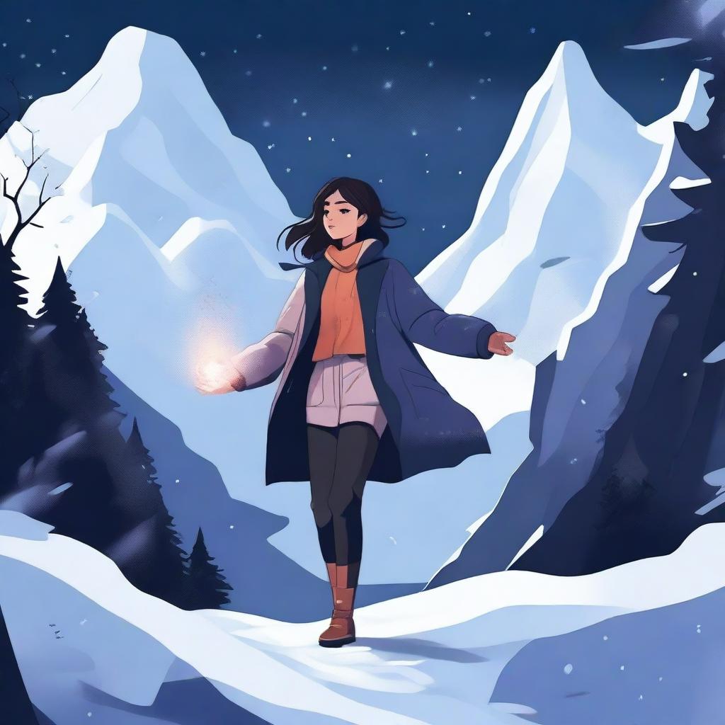 A digital illustration of a woman floating near a dark valley, with snow all around