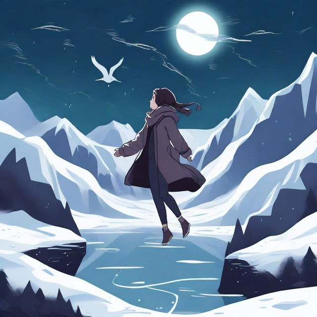 A digital illustration of a woman floating near a dark valley, with snow all around