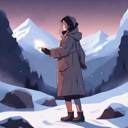 A digital illustration of a woman floating near a dark valley, with snow all around