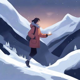 A digital illustration of a woman floating near a dark valley, with snow all around