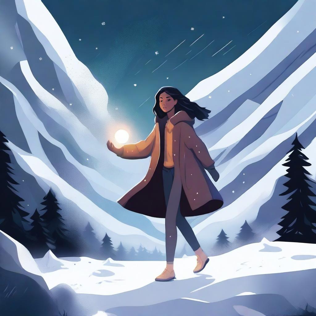 A digital illustration of a woman floating near a dark valley, with snow all around