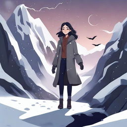 A digital illustration of a woman floating near a dark valley, with snow all around