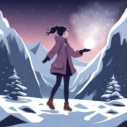 A digital illustration of a woman floating near a dark valley, with snow all around