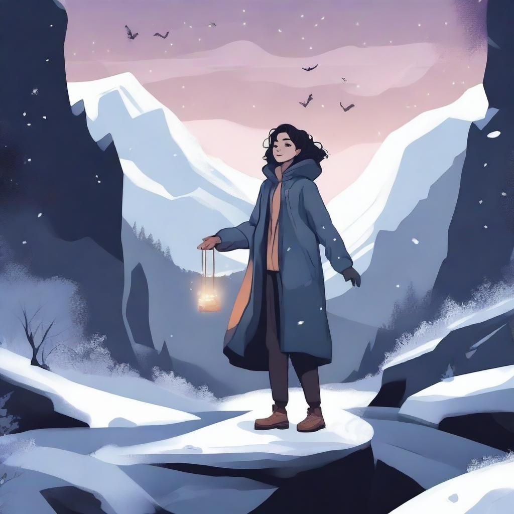 A digital illustration of a woman floating near a dark valley, with snow all around