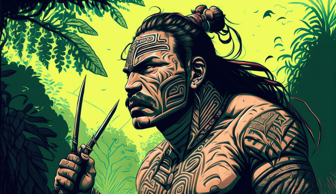 A determined Māori warrior with traditional face tattoos holds a tekateka, scanning the horizon for his wife amidst New Zealand trees and plants