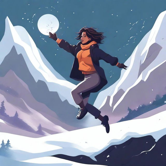 A digital illustration of a woman jumping near a dark valley, with snow all around