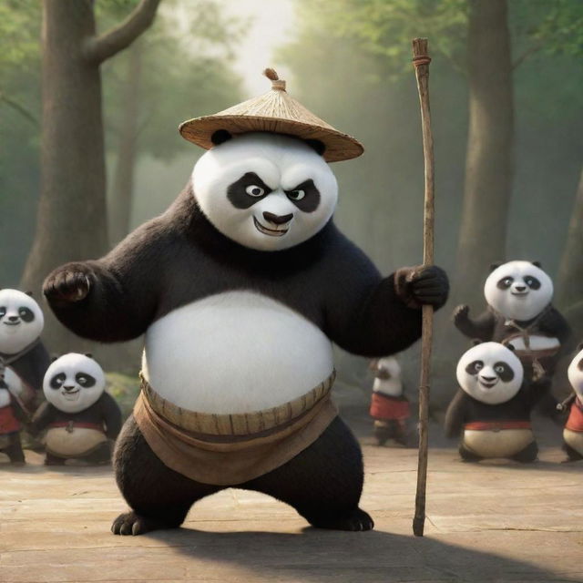 Create an image of Po from Kung Fu Panda, looking powerful, with a hat and a staff, teaching Kung Fu to a group of smaller pandas.