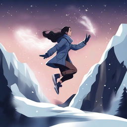 A digital illustration of a woman jumping near a dark valley, with snow all around