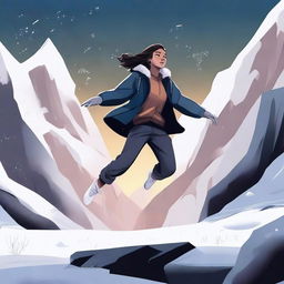 A digital illustration of a woman jumping near a dark valley, with snow all around