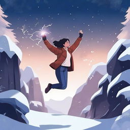 A digital illustration of a woman jumping near a dark valley, with snow all around