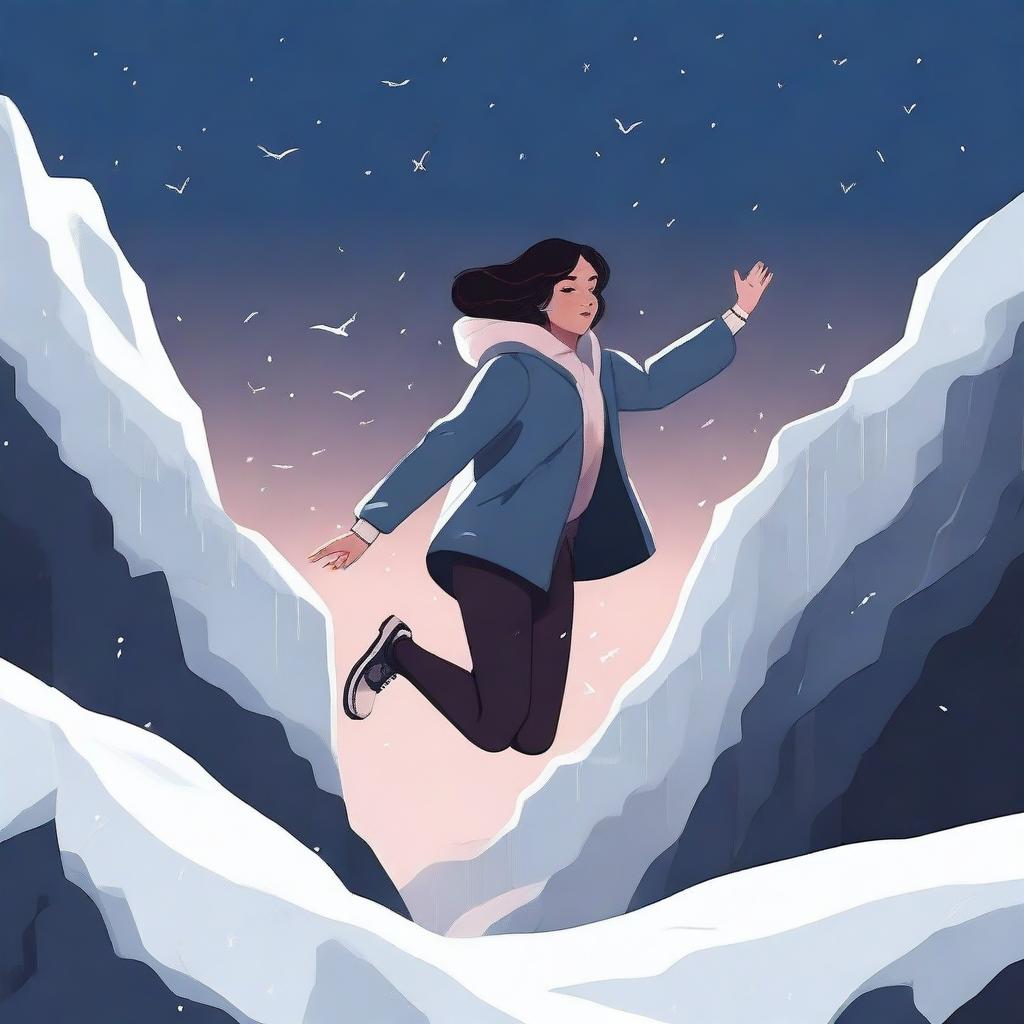 A digital illustration of a woman jumping near a dark valley, with snow all around