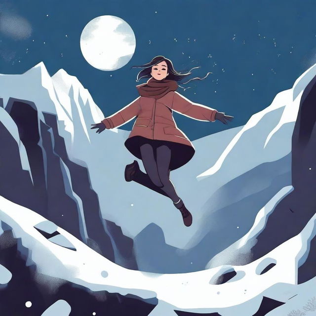 A digital illustration of a woman jumping near a dark valley, with snow all around