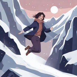 A digital illustration of a woman jumping near a dark valley, with snow all around