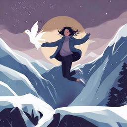 A digital illustration of a woman jumping near a dark valley, with snow all around