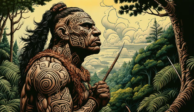 A determined Māori warrior with traditional face tattoos, holding a tekateka, scanning the horizon for his wife, surrounded by New Zealand trees and plants