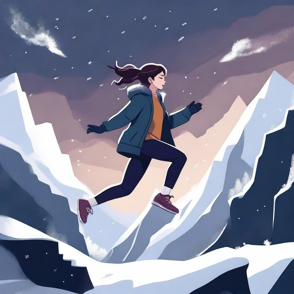 A digital illustration of a woman jumping near a dark valley, with snow all around