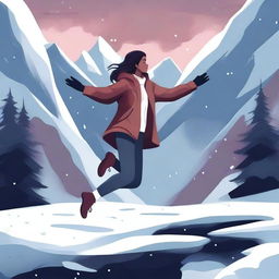 A digital illustration of a woman jumping near a dark valley, with snow all around