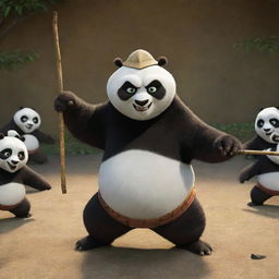 Create an image of Po from Kung Fu Panda, looking powerful, with a hat and a staff, teaching Kung Fu to a group of smaller pandas.