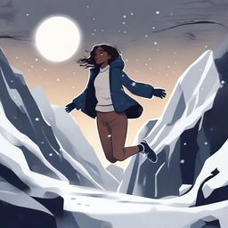 A digital illustration of a woman jumping near a dark valley, with snow all around