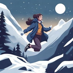 A digital illustration of a woman jumping near a dark valley, with snow all around