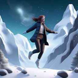 A digital 3D illustration of a woman jumping near a dark valley, with snow all around