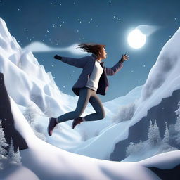 A digital 3D illustration of a woman jumping near a dark valley, with snow all around