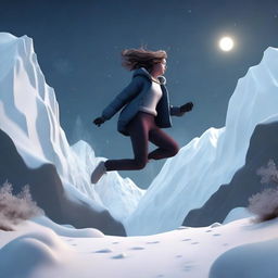 A digital 3D illustration of a woman jumping near a dark valley, with snow all around