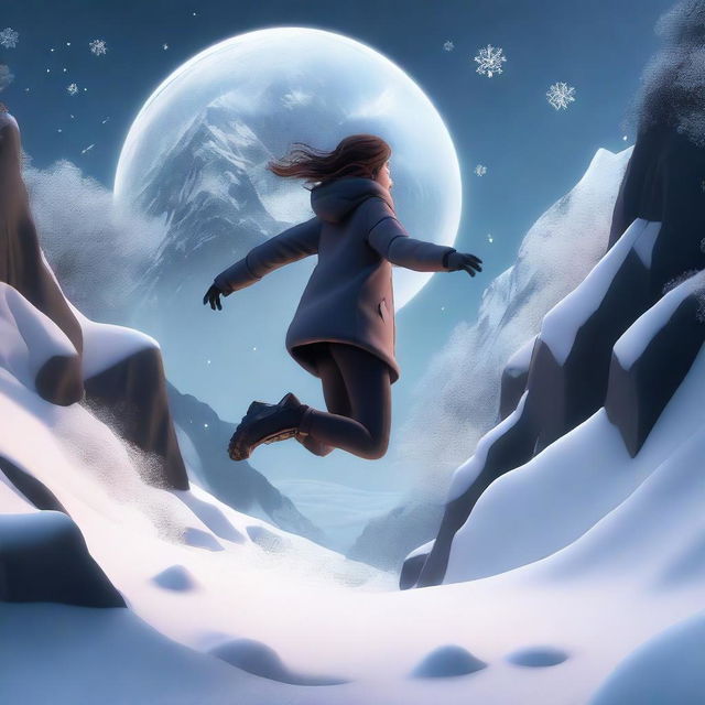 A digital 3D illustration of a woman jumping near a dark valley, with snow all around