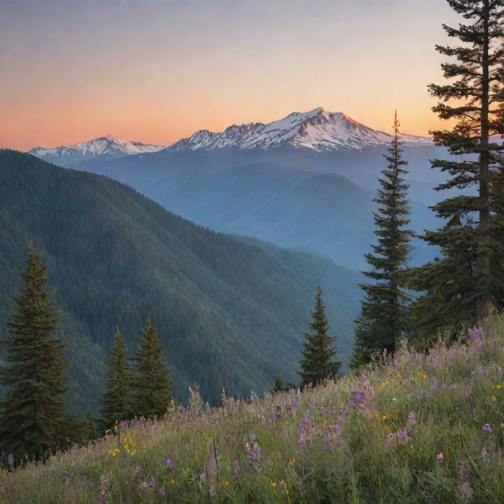 A serene mountain landscape during sunset, with wildflowers swaying gently in the foreground, and a majestic eagle soaring high above the treetops.