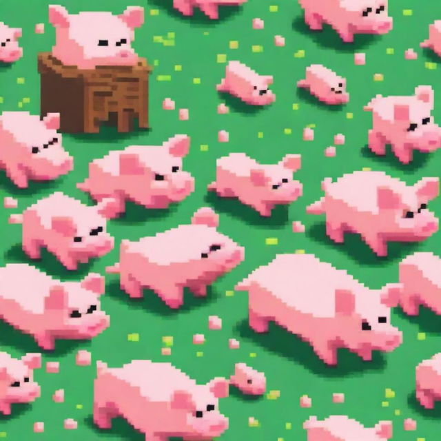 A humorous depiction of pigs in a pixel art style