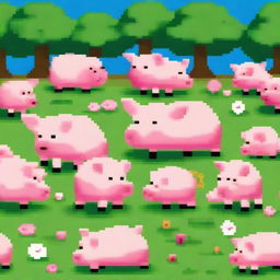 A humorous scene featuring funny pigs depicted in a big pixel art style