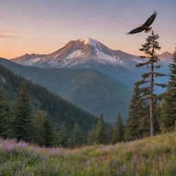 A serene mountain landscape during sunset, with wildflowers swaying gently in the foreground, and a majestic eagle soaring high above the treetops.