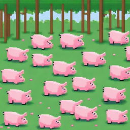 A humorous scene featuring funny pigs depicted in a big pixel art style