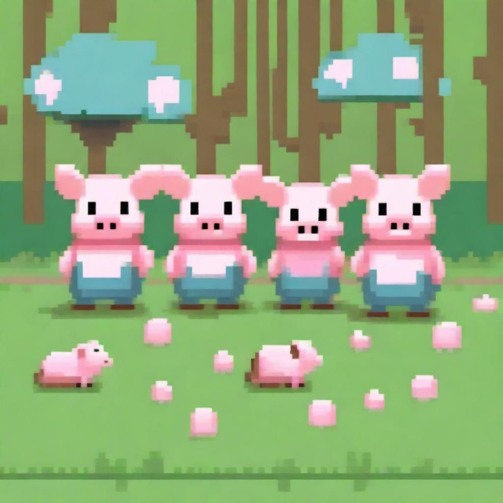 A humorous scene featuring funny pigs depicted in a big pixel art style