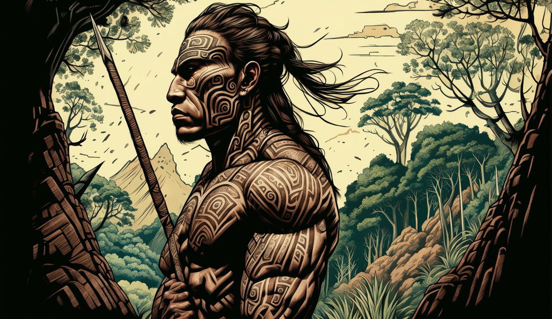 A determined Māori warrior with traditional face tattoos, holding a tekateka, scanning the horizon for his wife amidst New Zealand trees and plants, in sketchbook style