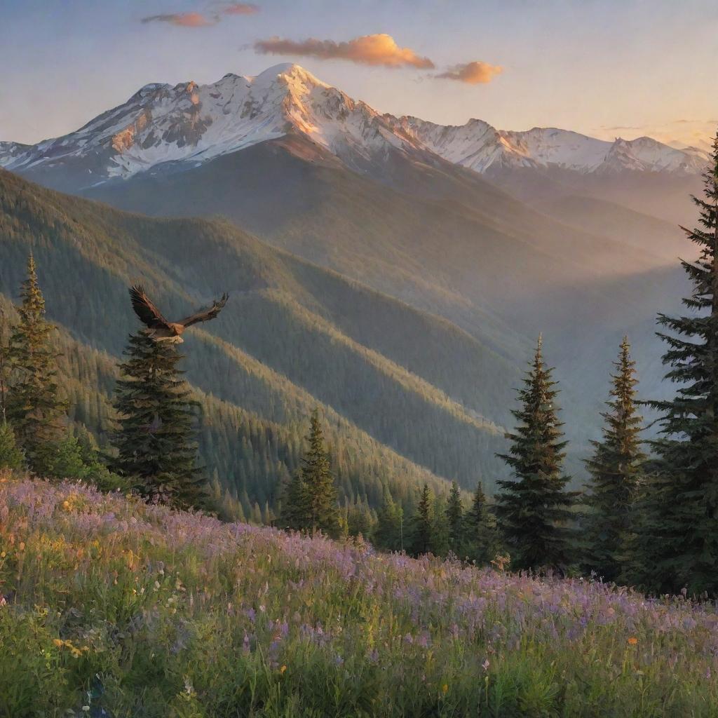 A serene mountain landscape during sunset, with wildflowers swaying gently in the foreground, and a majestic eagle soaring high above the treetops.