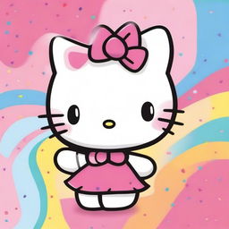 A cute and adorable Hello Kitty character, with her signature bow, standing in a colorful and cheerful background