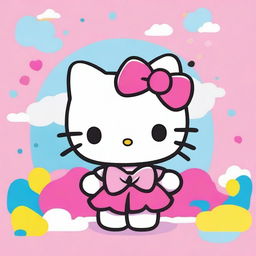 A cute and adorable Hello Kitty character, with her signature bow, standing in a colorful and cheerful background