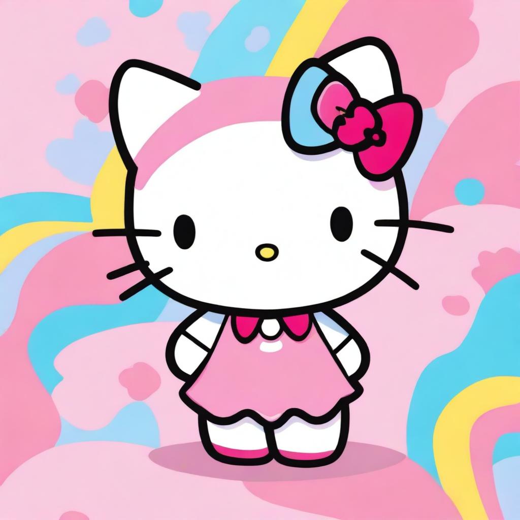 A cute and adorable Hello Kitty character, with her signature bow, standing in a colorful and cheerful background