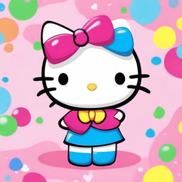 A cute and adorable Hello Kitty character, with her signature bow, standing in a colorful and cheerful background