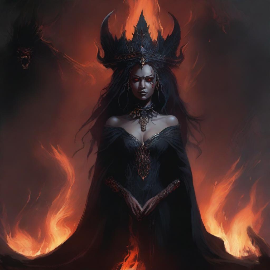 A depiction of Ratu Iblis, the queen of demons, with a dark and menacing presence