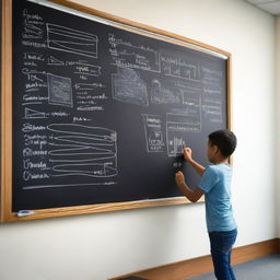 A piece of chalk being used to write on a blackboard in a classroom setting, incorporating elements of artificial intelligence and modern technology