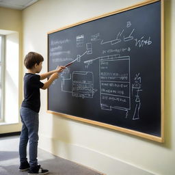 A piece of chalk being used to write on a blackboard in a classroom setting, incorporating elements of artificial intelligence and modern technology