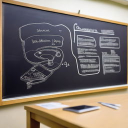 A piece of chalk being used to write on a blackboard in a classroom setting, incorporating elements of artificial intelligence and modern technology