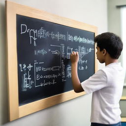 A piece of chalk being used to write on a blackboard in a classroom setting, incorporating elements of artificial intelligence and modern technology